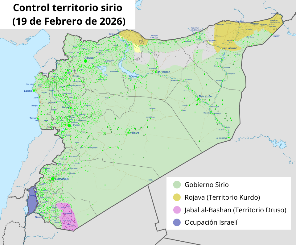 Mapa del control territorial en Siria a 19 de febrero de 2026